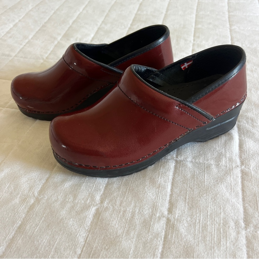 Sanita Red and Black Leather Clogs